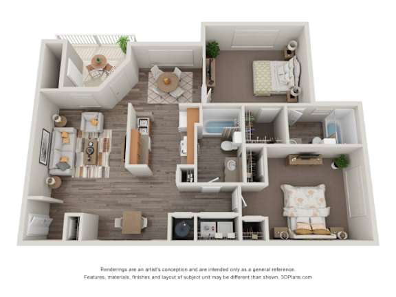 A 3D floor plan of a house with a kitchen, living room, and bedrooms.