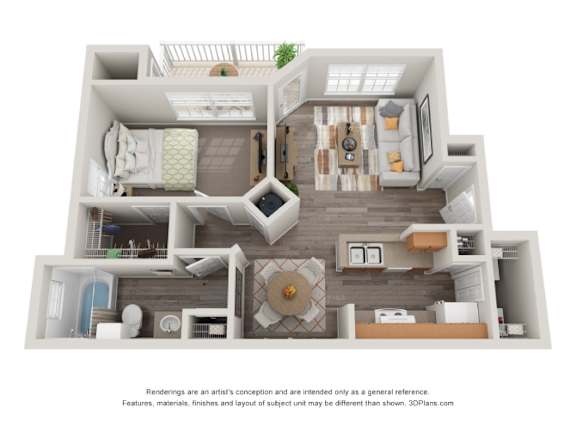 A 3D floor plan of a house with a kitchen, living room, and bathroom.