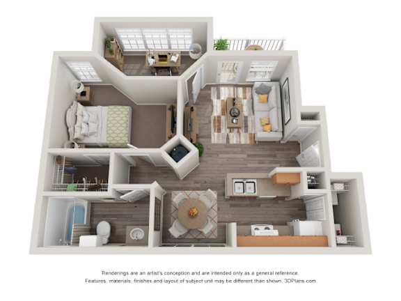 Floor Plan  A 3D floor plan of a house with a kitchen, living room, and bathroom.