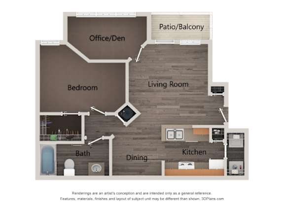 A floor plan of a house with a bedroom, living room, kitchen, dining room, bathroom, and office/den.