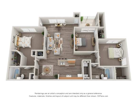A 3D floor plan of a house with a living room, dining room, kitchen, and two bedrooms.