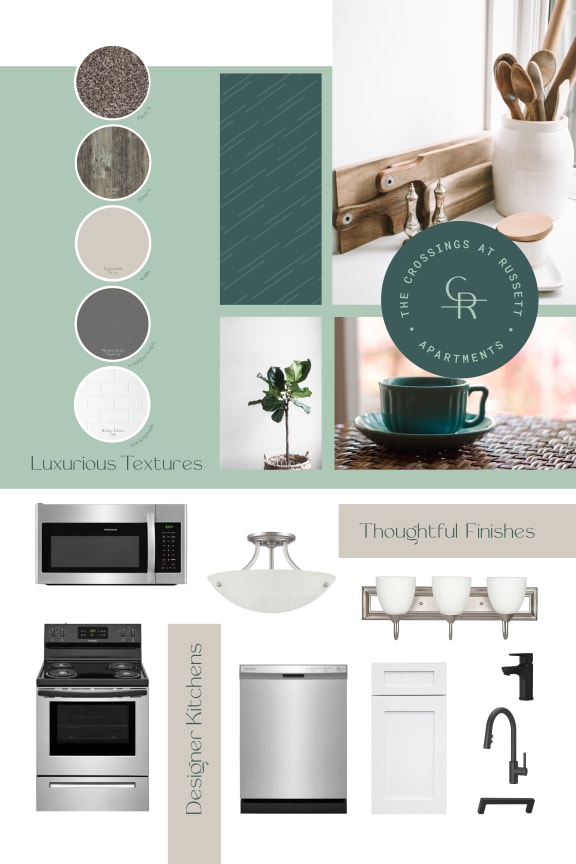 a mood board with neutrals and a green color scheme for a kitchen