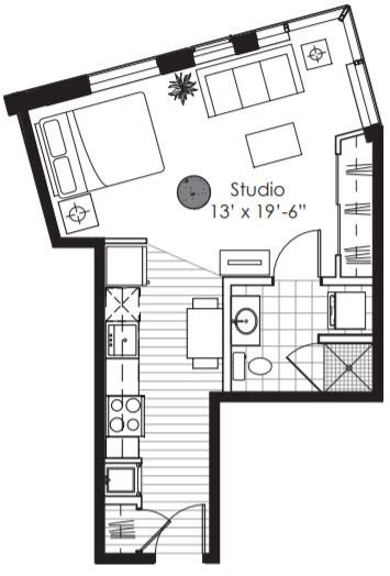 A black and white floor plan of a studio apartment with a studio labeled.
