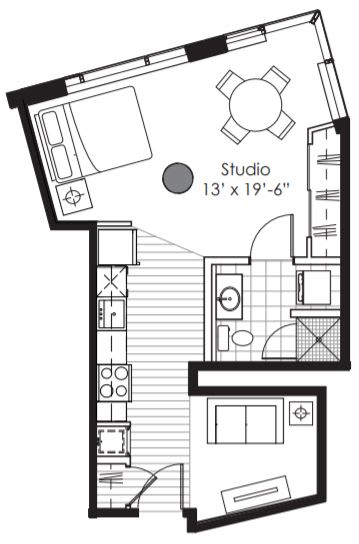 A black and white drawing of a house with a studio labeled "Studio 13' x 19'-6"".