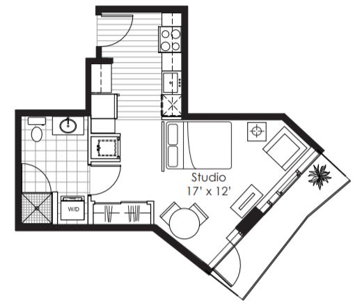 A floor plan of a studio apartment sized 17' x 12' with a kitchen, living room, and bedroom.