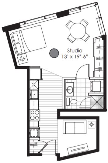 A floor plan of a studio apartment with dimensions and furniture layout.