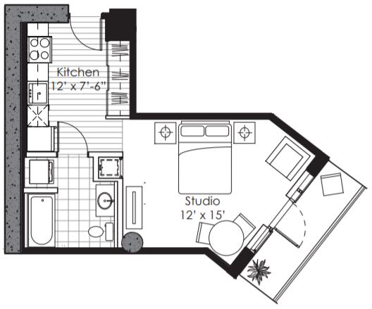 A floor plan of a studio apartment with a kitchen and a studio space.