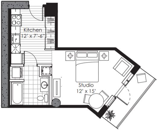 A floor plan of a studio apartment with a kitchen and a studio space.