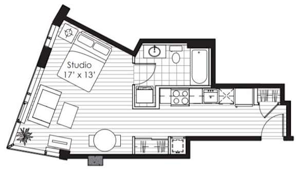 A floor plan of a studio apartment is shown with dimensions.