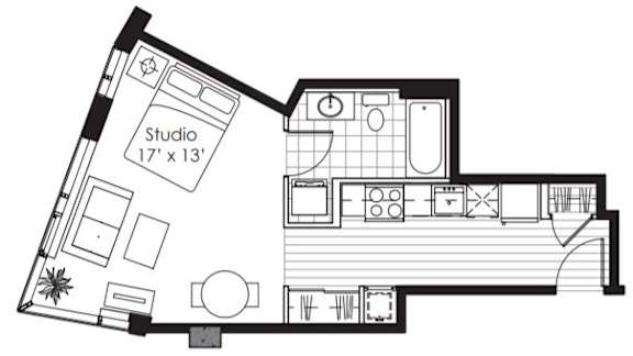 A black and white floor plan of a studio apartment.