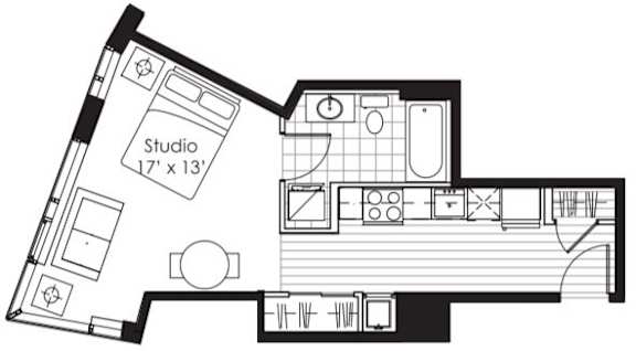 A black and white floor plan of a studio apartment.