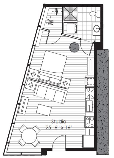 A floor plan of a studio apartment with a studio labeled and dimensions.