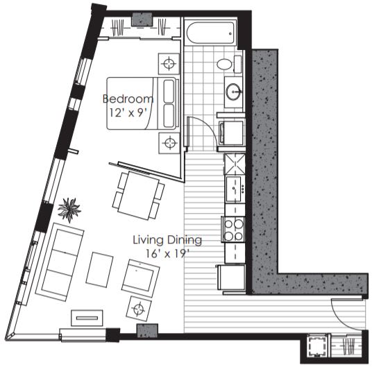 A floor plan of a room with a bedroom and a living dining area.
