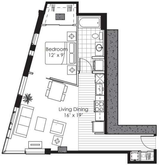A floor plan of a room with a bedroom and a living dining area.