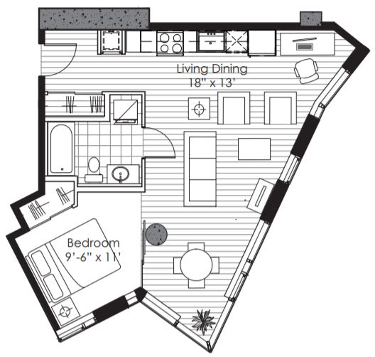 A black and white floor plan of a small apartment with a living room, dining room, and bedroom.
