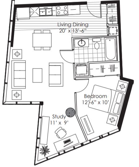 A floor plan of a small apartment with a living dining area, bedroom, and study.
