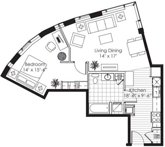 A black and white image of a floor plan for a living space.