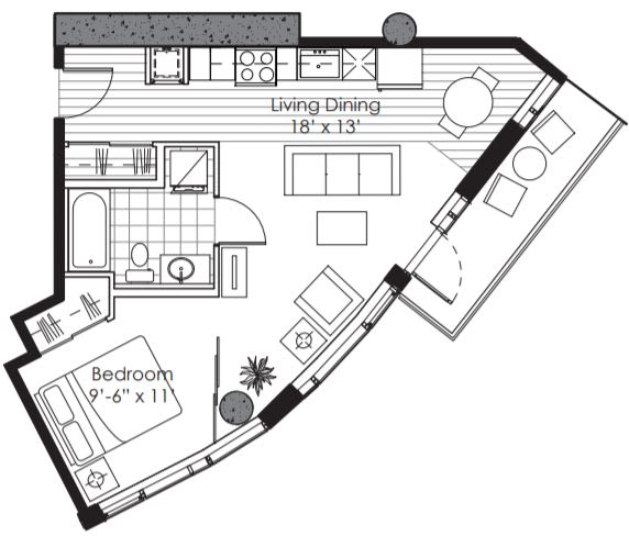 A black and white image of a floor plan for a living dining room and bedroom.