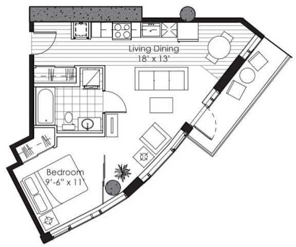 A black and white drawing of a living dining room and bedroom.