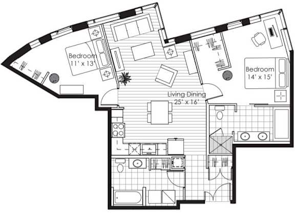 A black and white image of a house floor plan with two bedrooms, a living dining area, and a kitchen.