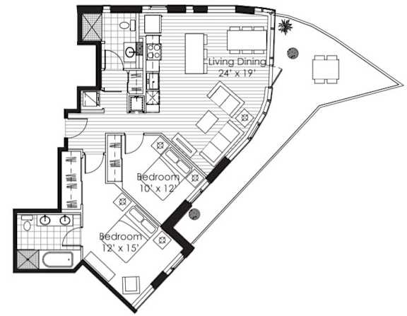 A black and white image of a floor plan for a living space.