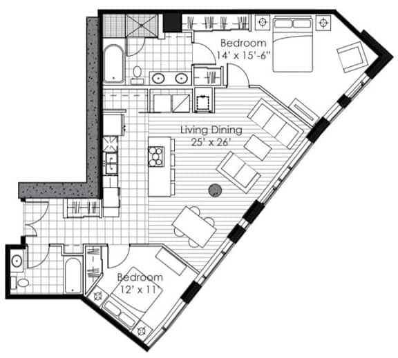 A black and white image of a floor plan for a home with three bedrooms and a living dining area.