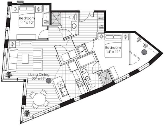 A black and white image of a floor plan for a house with two bedrooms, a living room, and a dining area.
