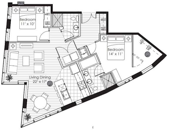 A black and white image of a floor plan for a house with two bedrooms, a living room, and a dining area.