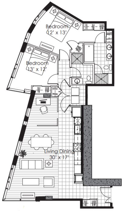 A black and white image of a house floor plan with two bedrooms, a living room, and a dining room.