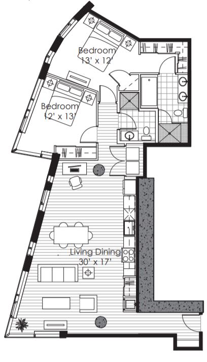 A black and white image of a floor plan for a house with two bedrooms.