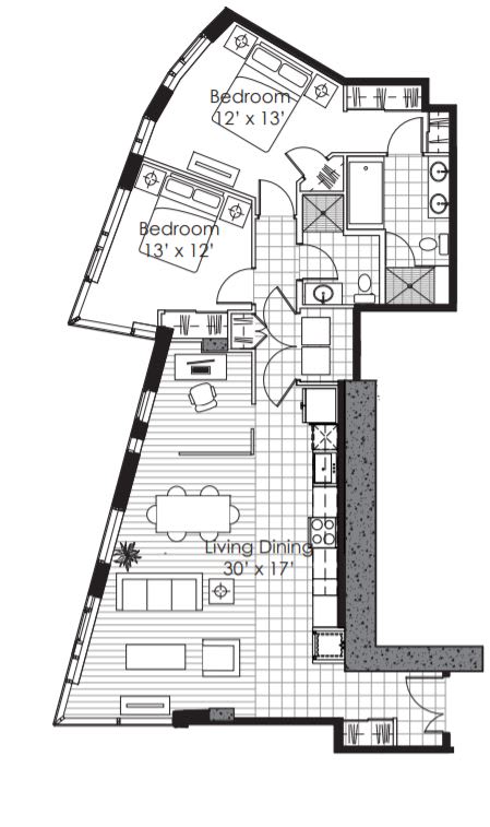 A black and white image of a house floor plan with two bedrooms and a living dining area.
