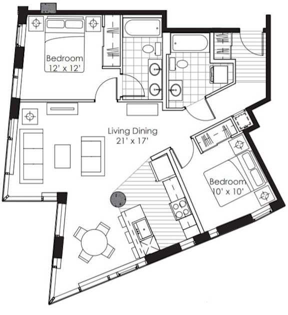 A black and white image of a floor plan for a house with three bedrooms.