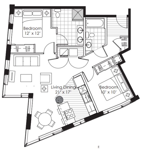 A black and white image of a floor plan for a small apartment.