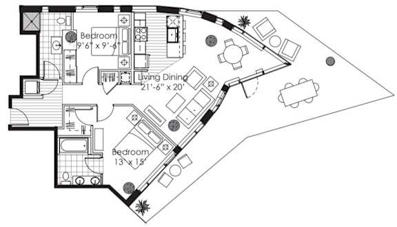 A black and white image of a floor plan for a house with two bedrooms and a living dining area.