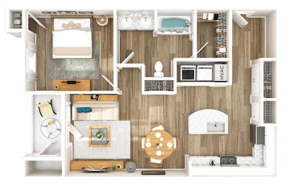 A detailed 3D floor plan of a small apartment layout.