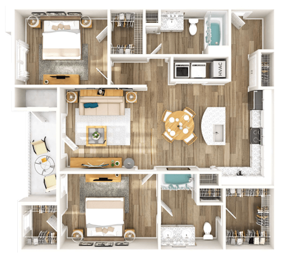 A detailed 3D floor plan of a small apartment layout.