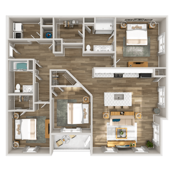 A detailed 3D floor plan of a two-bedroom apartment.