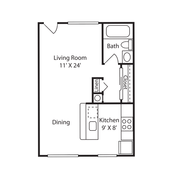 A floor plan of a small apartment with a living room, dining area, kitchen, and bathroom.