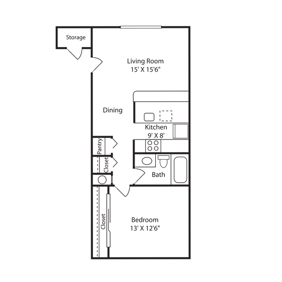 A floor plan of a small apartment with a living room, dining area, kitchen, bathroom, and storage.