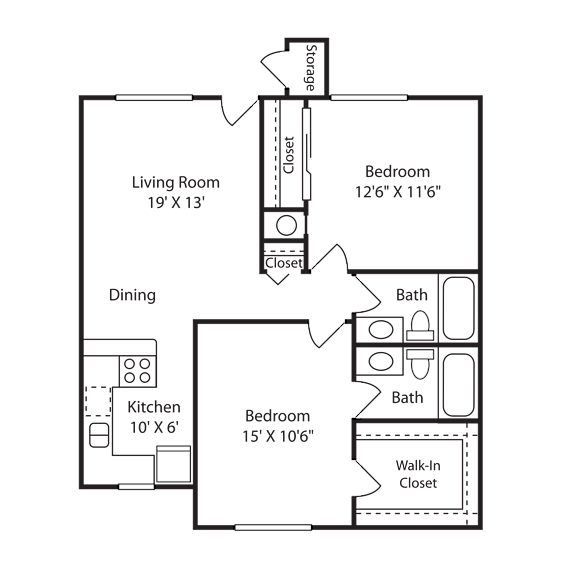 A floor plan of a small apartment with a living room, dining area, kitchen, and two bedrooms.