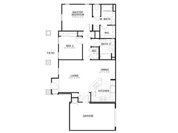 Floor Plan  A floor plan of a house with a master bedroom, two bathrooms, a living room, a dining room, a kitchen, a garage, and a patio.