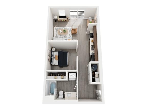 A top down view of a small apartment with a kitchen, living room, and bathroom.
