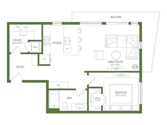 Floor Plan  A floor plan of a house with a balcony, office, kitchen, foyer, great room, and two bedrooms.