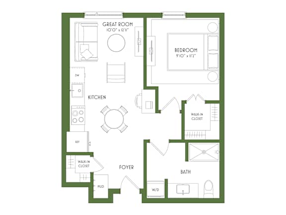 A floor plan of a house with a great room, bedroom, kitchen, foyer, bath, and walk-in closet.