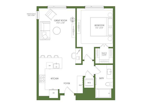 Floor Plan  A floor plan of a house with a kitchen, bathroom, and bedrooms.