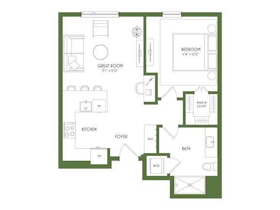 A floor plan of a house with a bedroom, great room, kitchen, foyer, bath, and walk-in closet.