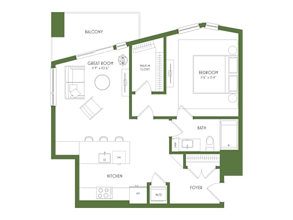 A floor plan of a house with a balcony, great room, bedroom, bath, kitchen, and foyer.