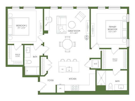 A floor plan of a house with two bedrooms, a foyer, a kitchen, a great room, and a bathroom.