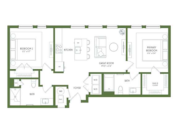 A floor plan of a house with a primary bedroom, a great room, and a foyer.