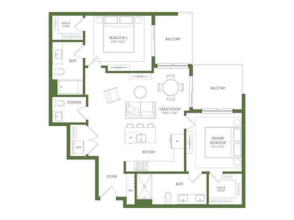 A floor plan of a house with a primary bedroom, a secondary bedroom, a bathroom, a powder room, a kitchen, a foyer, and two balconies.